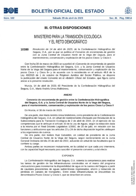 El BOE publica la encomienda de gestión de los pozos Cieza I y Cieza II