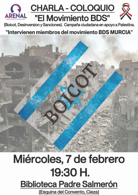 Charla-coloquio sobre el boicot a Israel, el próximo miércoles día 7 de febrero a las 19,30, en la Biblioteca Municipal Padre Salmerón, Cieza