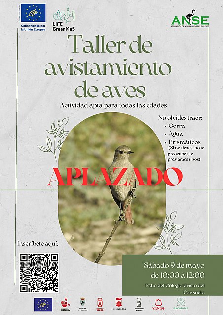 El taller de avistamiento de aves se aplaza al sábado 30 de mayo por previsión de mal tiempo
