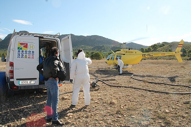 Moya visita los trabajos con medios aéreos para controlar la procesionaria del pino en el término municipal de Cieza