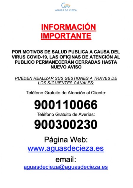 Aguas de Cieza cierra temporalmente su canal de atención presencial en las oficinas