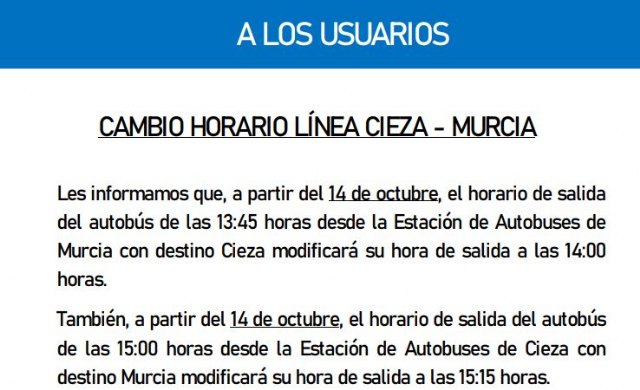 Cambio horario en la línea de autobús Cieza - Murcia