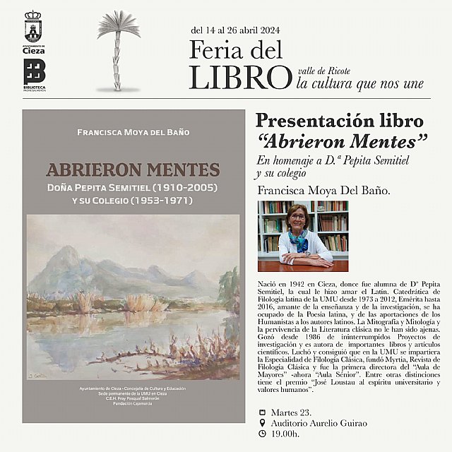 Francisca Moya del Baño, plato fuerte de la Feria del Libro del Valle de Ricote este martes