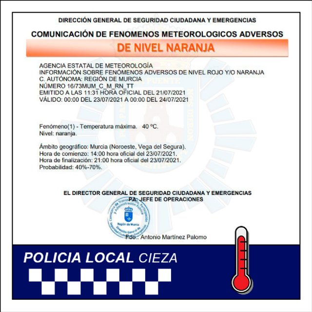 Cieza, en alerta naranja este viernes y sábado por temperaturas que podrían rebasar los 40 grados