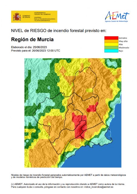 El nivel de riesgo de incendio forestal previsto para hoy lunes en Cieza es muy alto