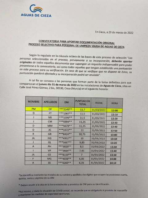 VOX Cieza reclama al PSOE transparencia y la nulidad de la bolsa de trabajo en Aguas de Cieza por presunta irregularidad