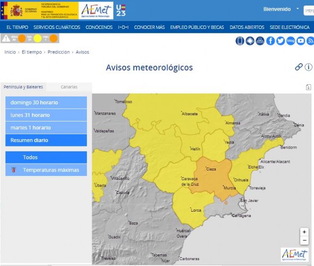 Aviso amarillo para este lunes en Cieza por una máxima de 38º y naranja para este 1 de agosto