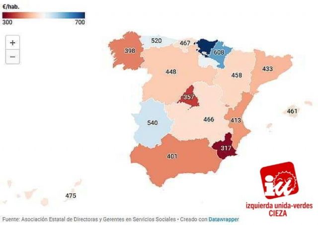 IU-Verdes de Cieza denuncia que Murcia fue la comunidad autónoma con menor inversión en servicios sociales durante 2021