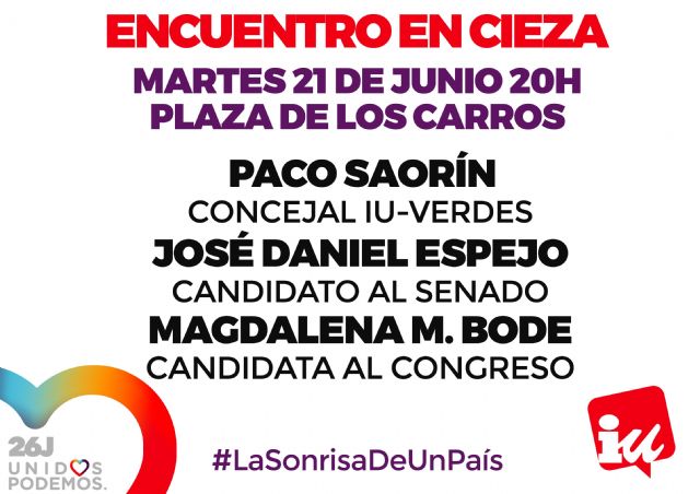IU-Verdes convoca un encuentro con los candidatos de Unidos Podemos en la Plaza de los Carros de Cieza